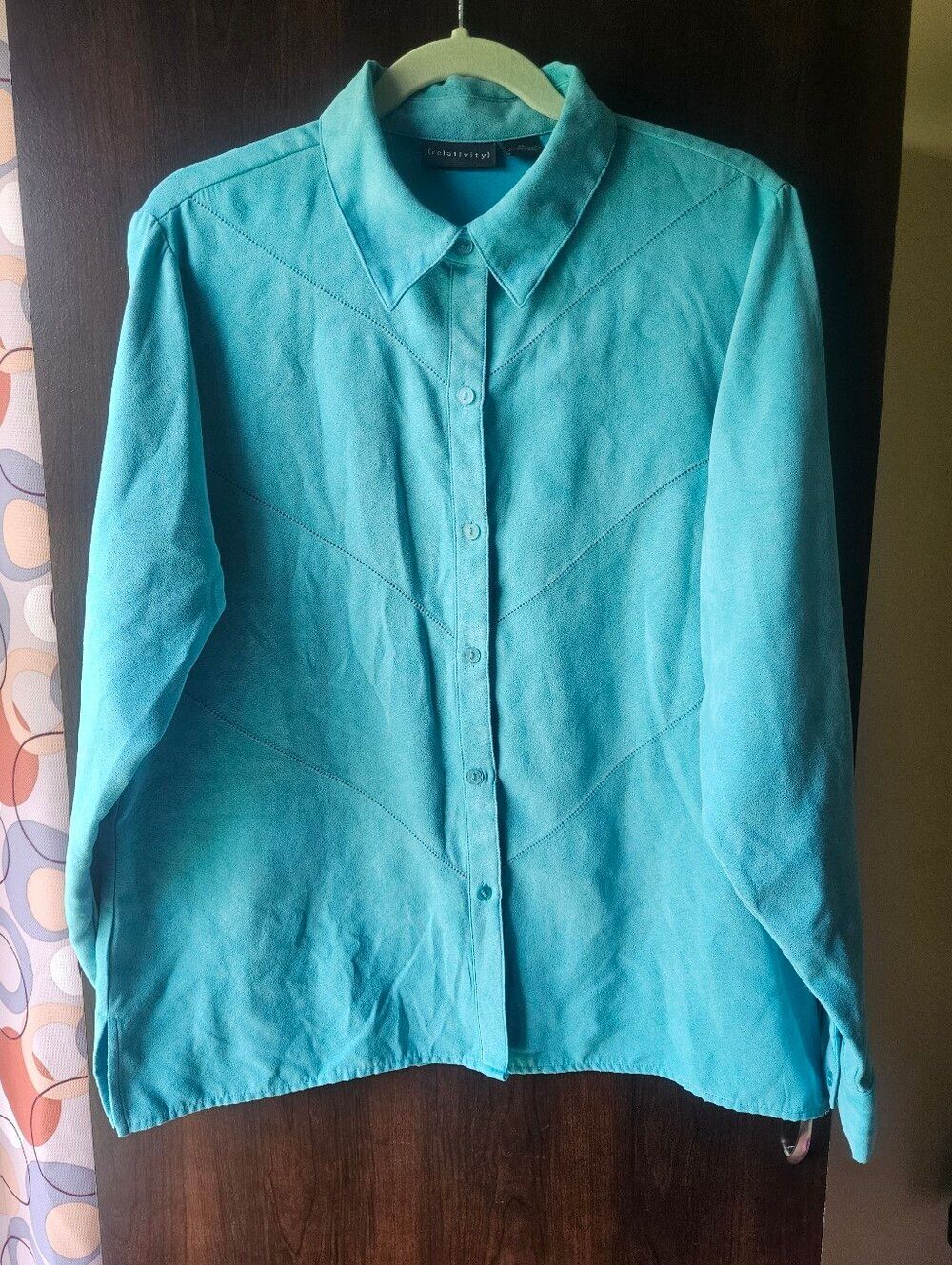 Relativity Teal Blue Faux Suade Button-Up Shirt Size XL